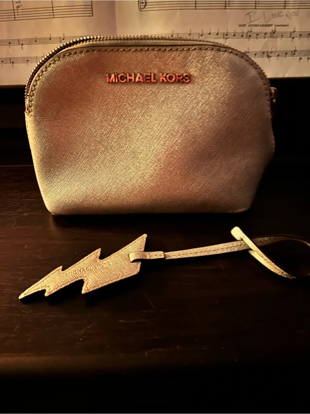 EUC Rare Michael Kors Saffiano Leather Silver Cosmetic Makeup Travel Case Bag
